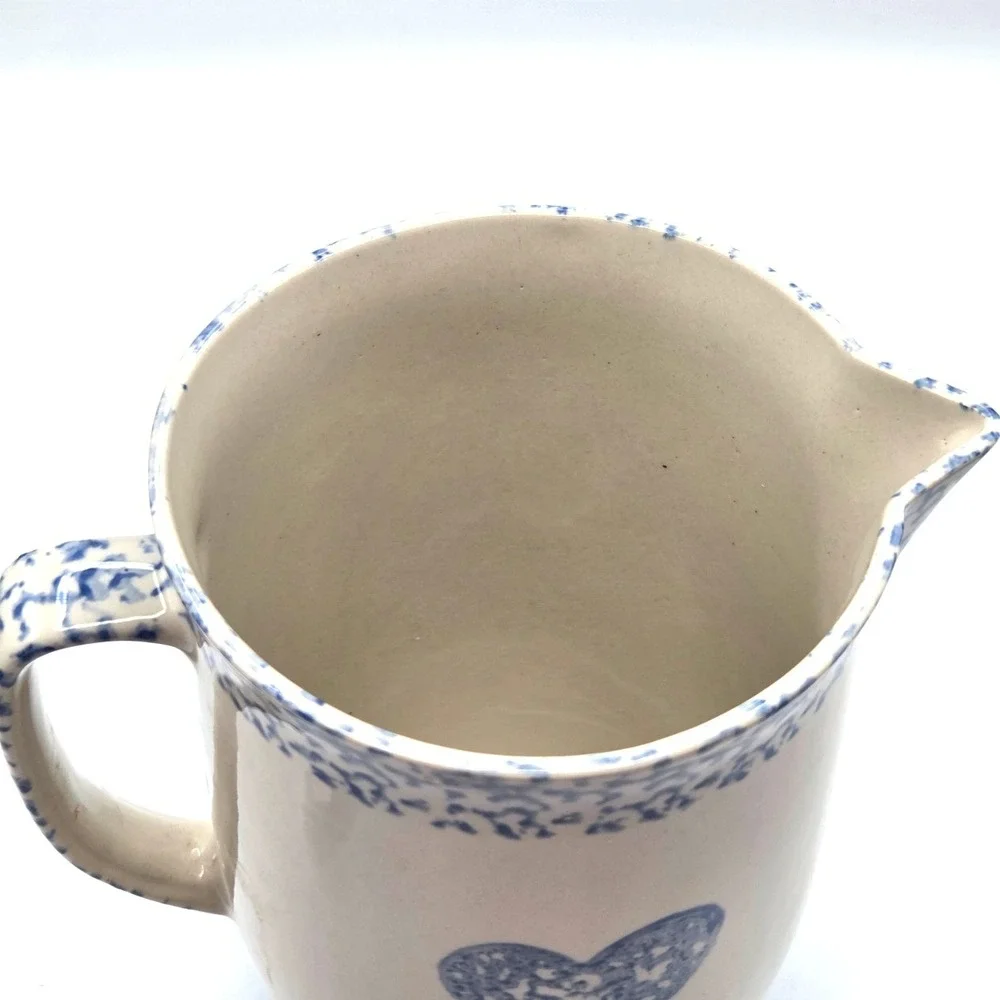 Blue Spongeware Ceramic Pitcher Cow Heart Design‎ Folk Craft Farmhouse Decor
